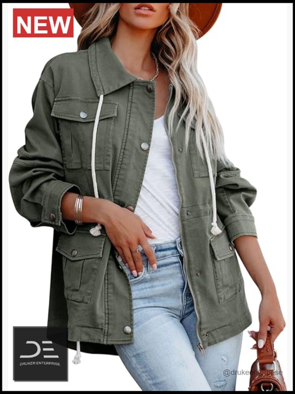 Lightweight Cotton Military Anorak Jacket Zip Up Snap Buttons Utility Coat With